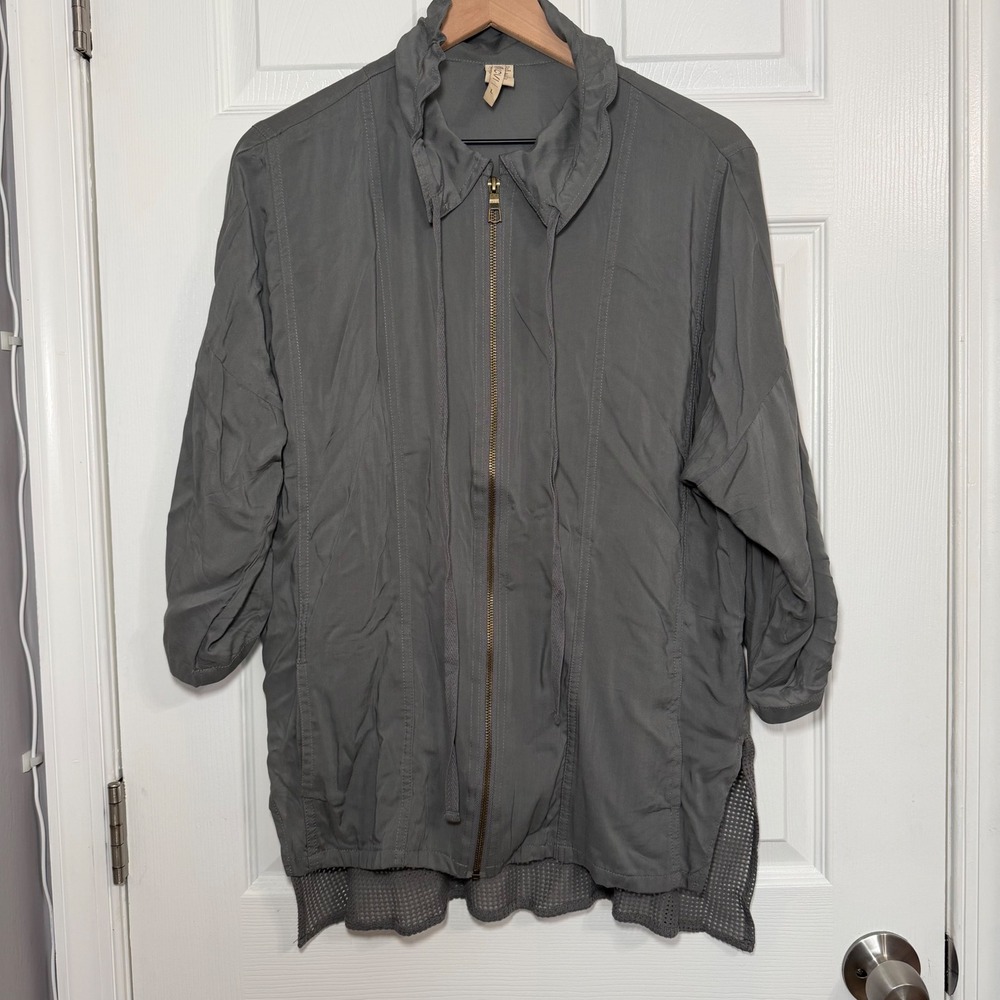 XCVI Grey Utility Zip Up Jacket mesh mid sleeve Women L boho lagenlook relaxed